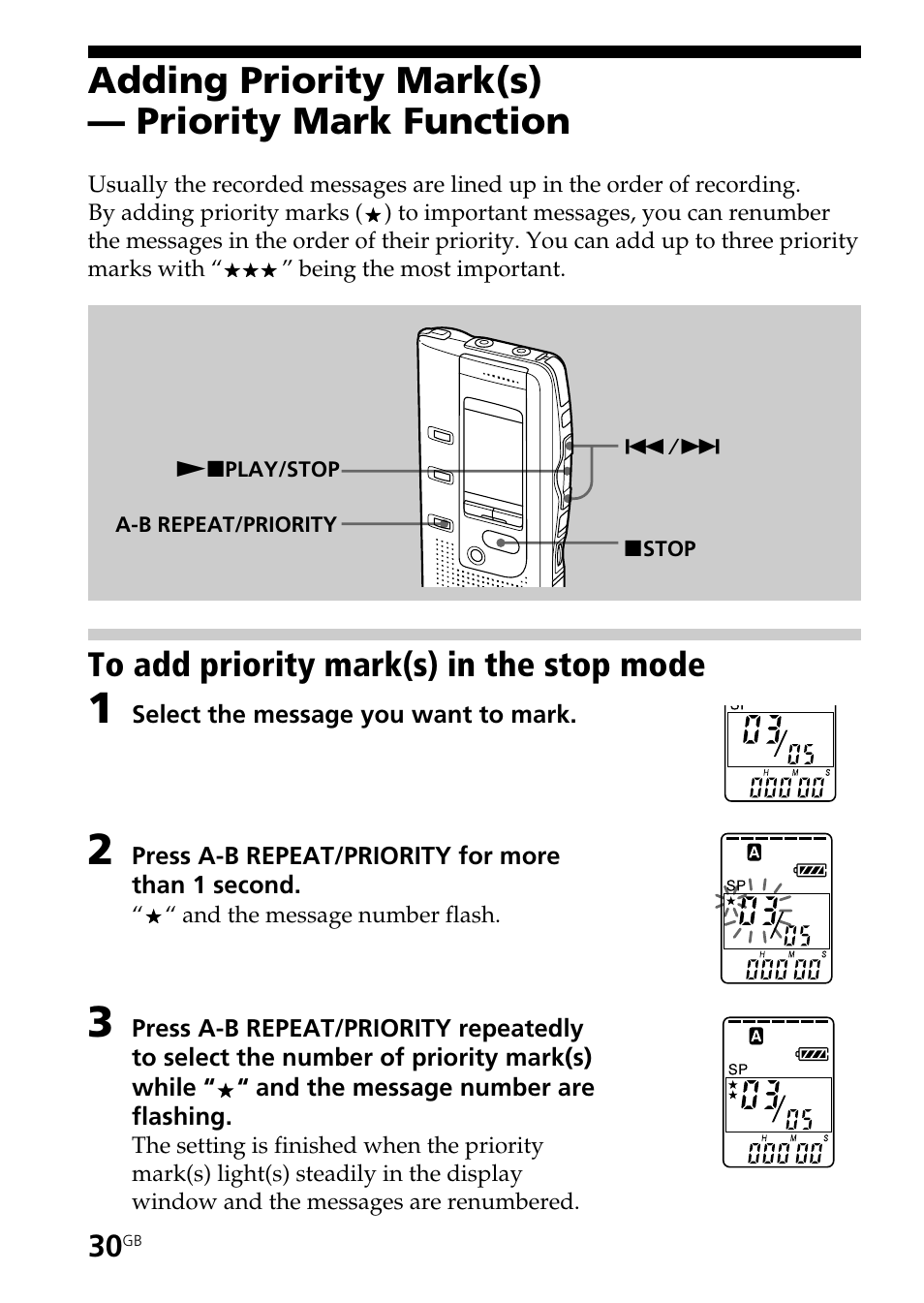 Adding priority mark(s) — priority mark function | Sony ICD-BP150 User Manual | Page 30 / 68