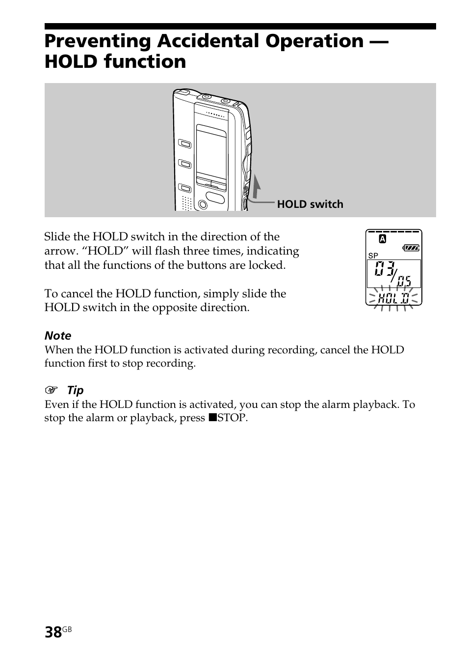 Preventing accidental operation — hold function | Sony ICD-BP150 User Manual | Page 38 / 68