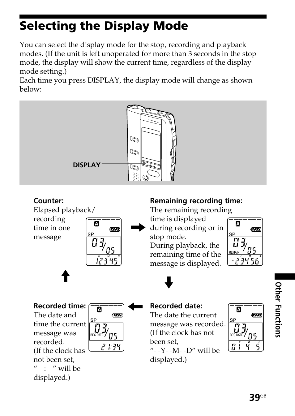 Selecting the display mode | Sony ICD-BP150 User Manual | Page 39 / 68