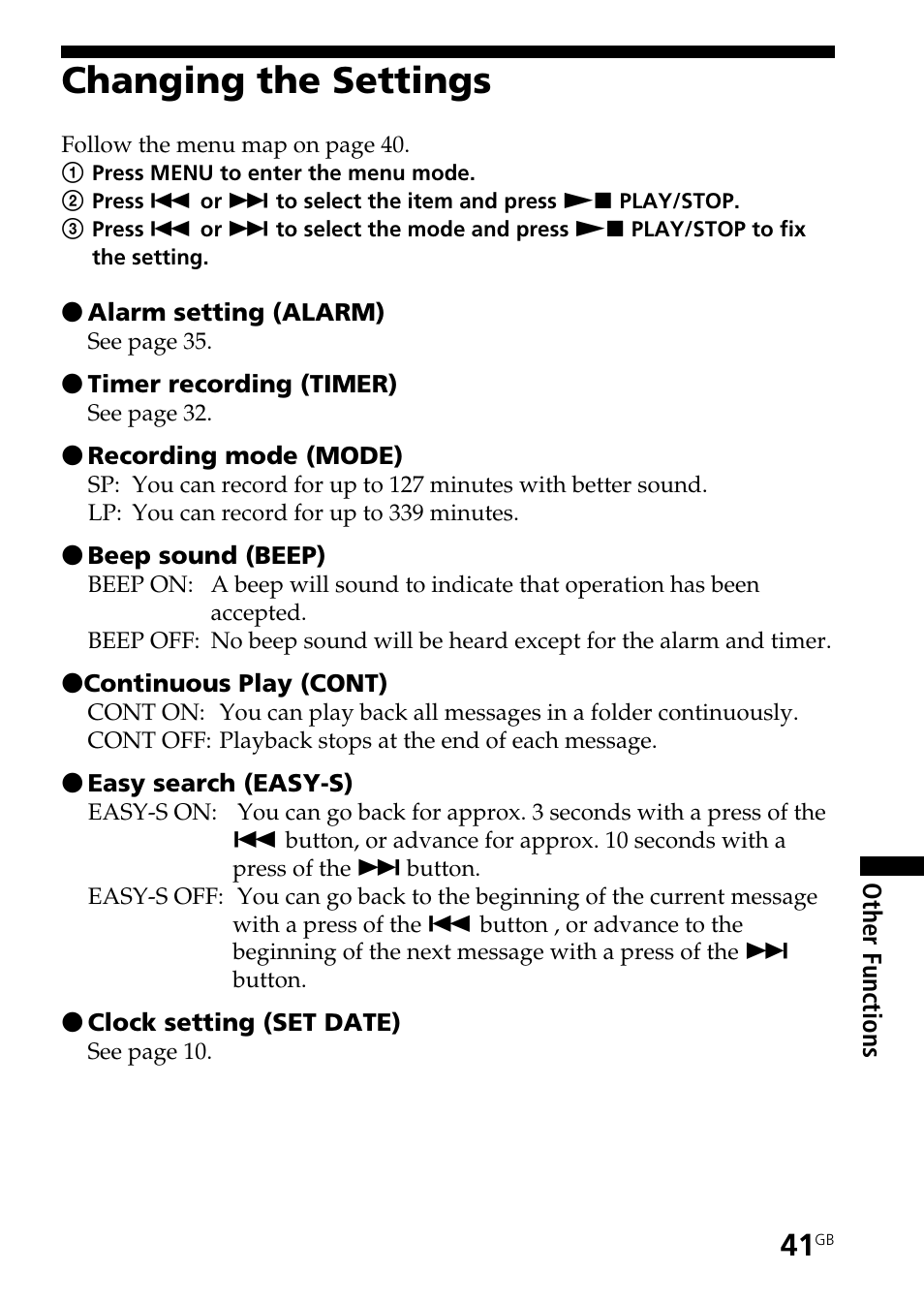 Changing the settings | Sony ICD-BP150 User Manual | Page 41 / 68