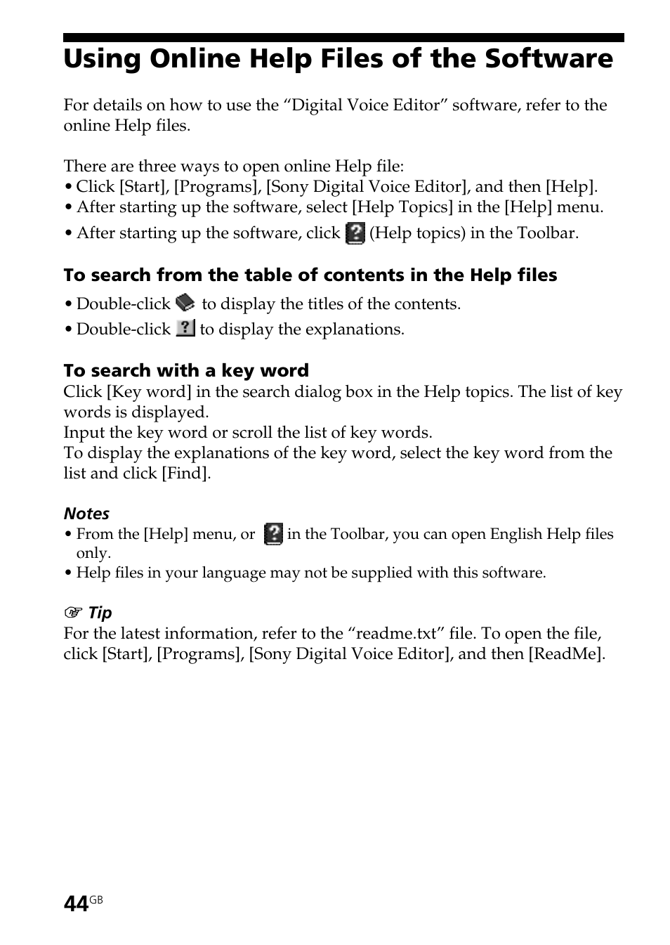 Using online help files of the software | Sony ICD-BP150 User Manual | Page 44 / 68