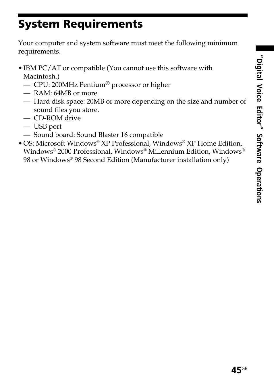 System requirements, Digital voice editor“ software operations | Sony ICD-BP150 User Manual | Page 45 / 68