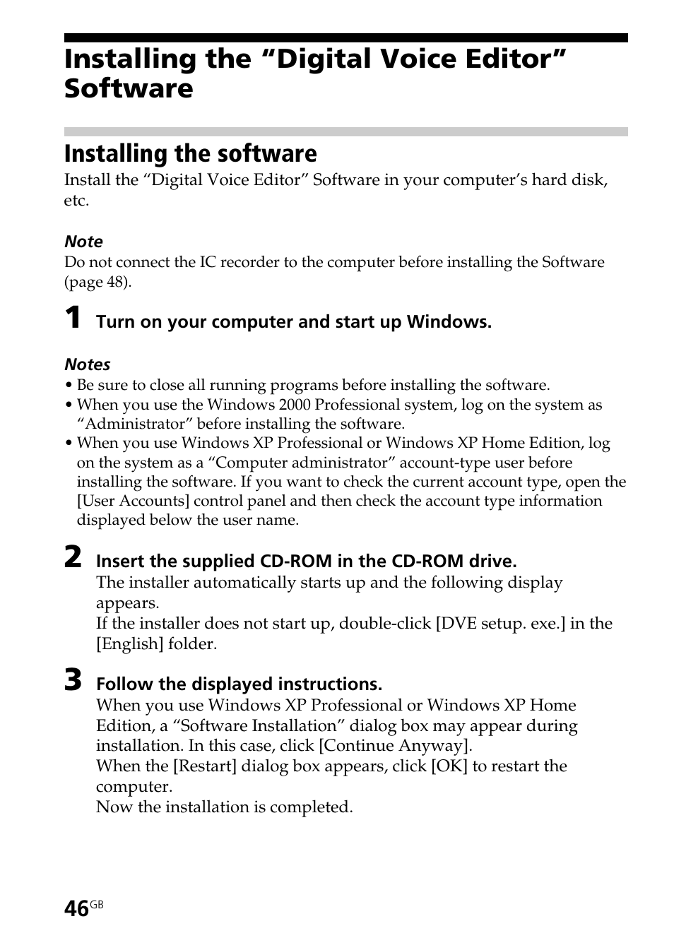 Installing the “digital voice editor” software, Installing the software | Sony ICD-BP150 User Manual | Page 46 / 68