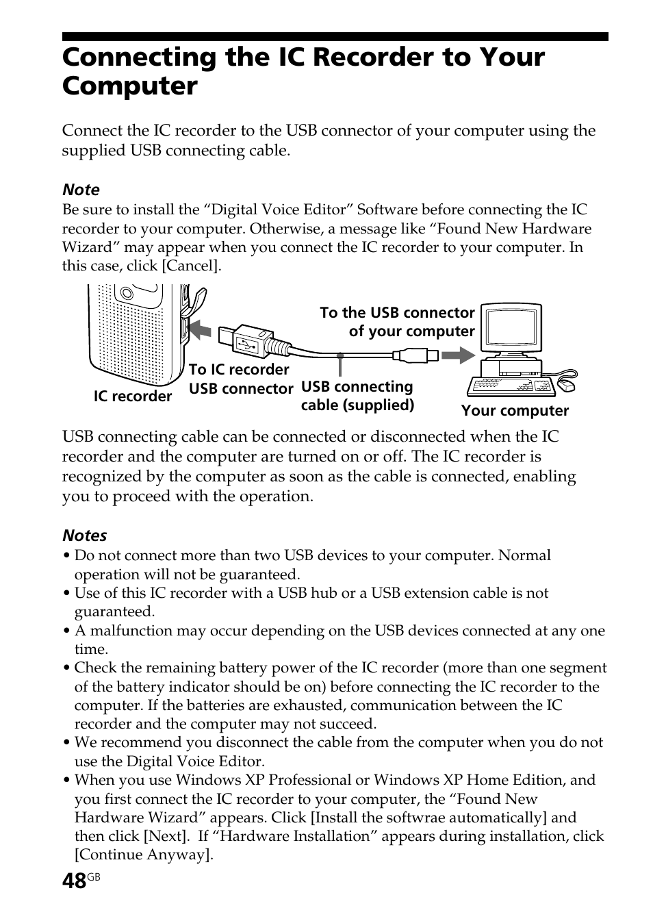 Connecting the ic recorder to your computer | Sony ICD-BP150 User Manual | Page 48 / 68