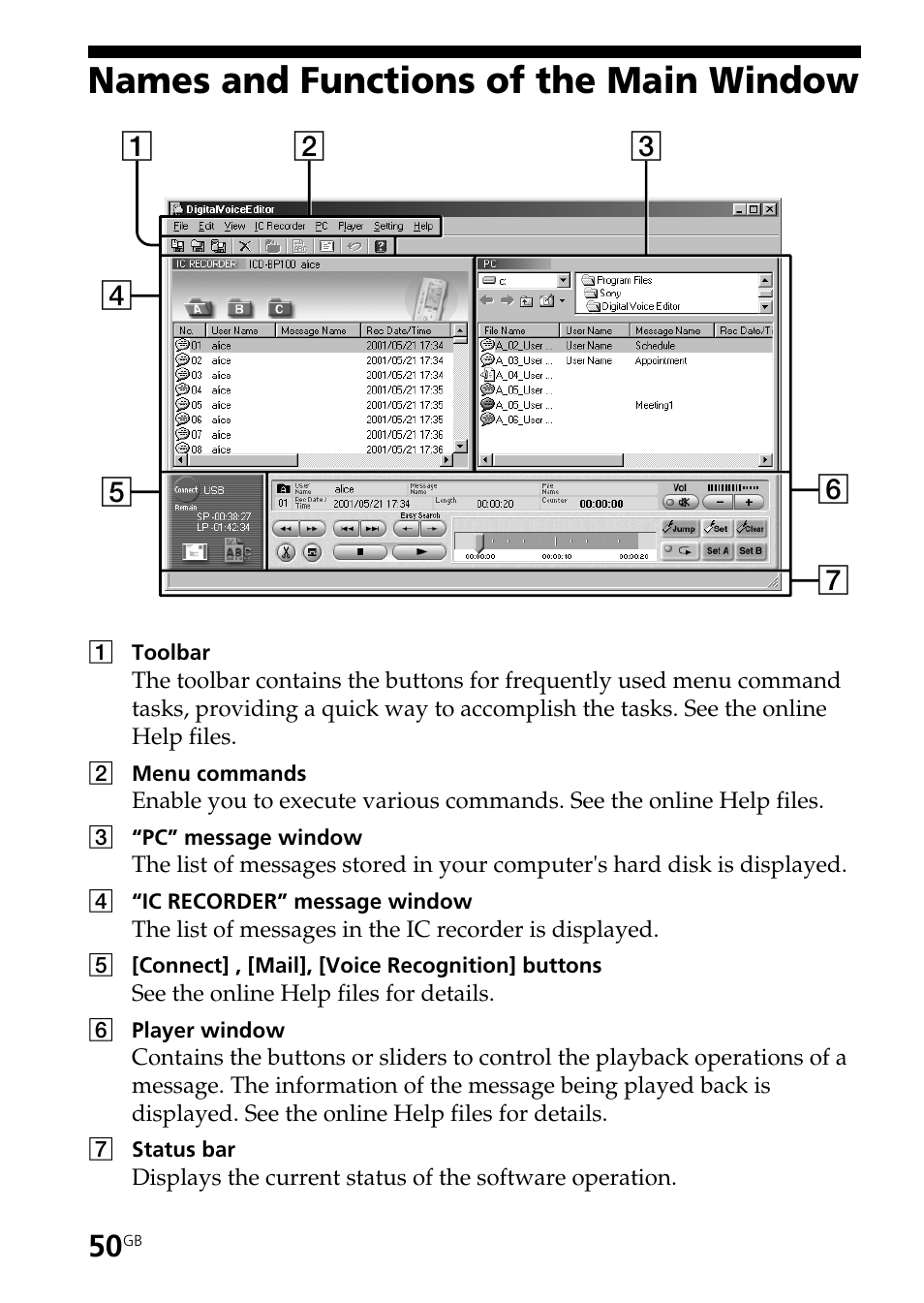 Names and functions of the main window | Sony ICD-BP150 User Manual | Page 50 / 68