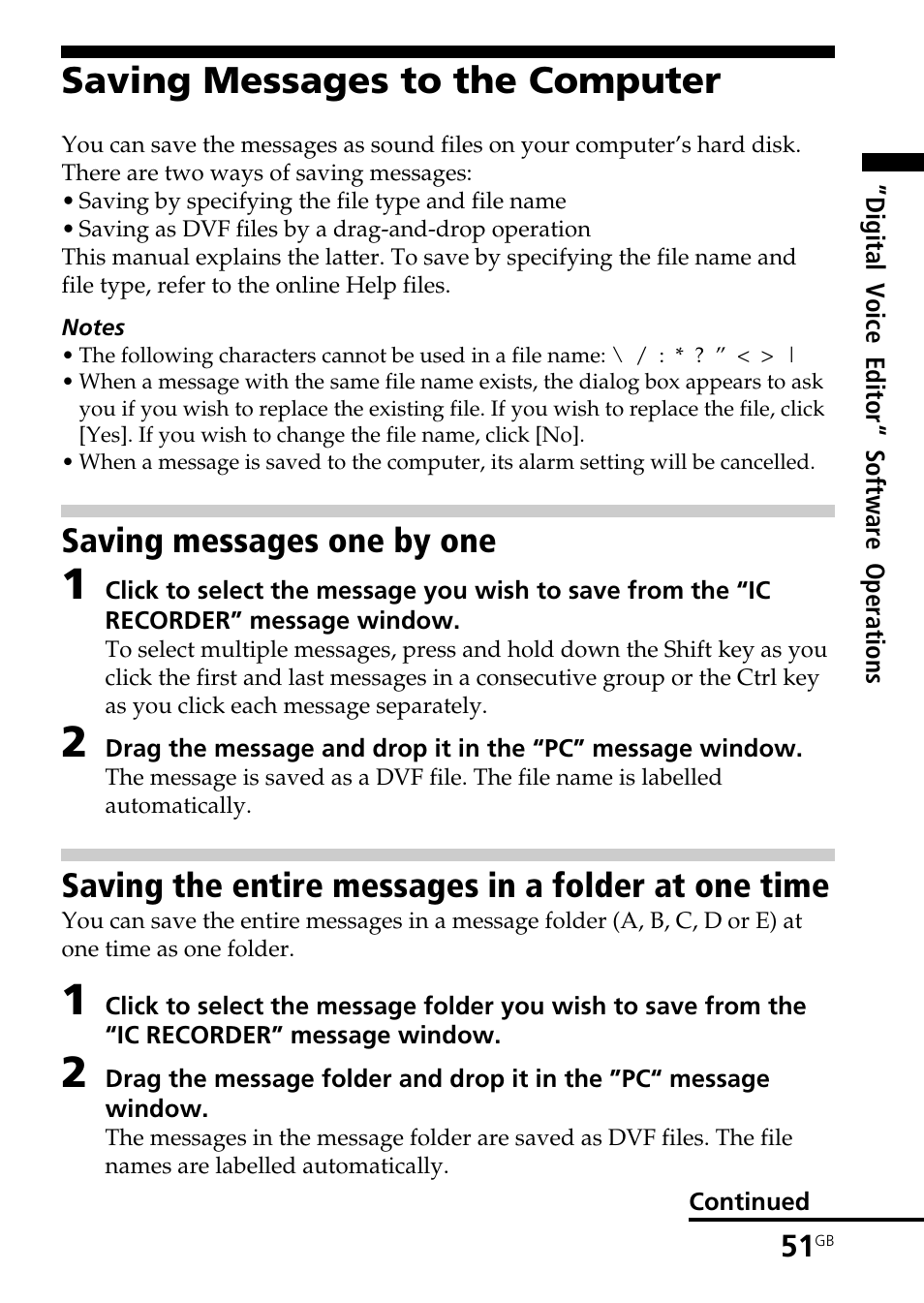 Saving messages to the computer, Saving messages one by one, Saving the entire messages in a folder at one time | Sony ICD-BP150 User Manual | Page 51 / 68