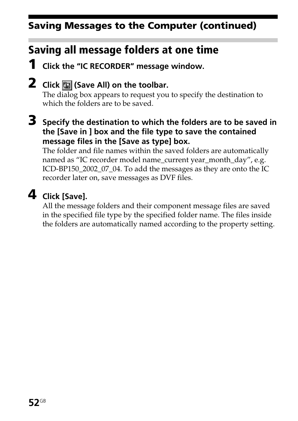 Saving all message folders at one time | Sony ICD-BP150 User Manual | Page 52 / 68