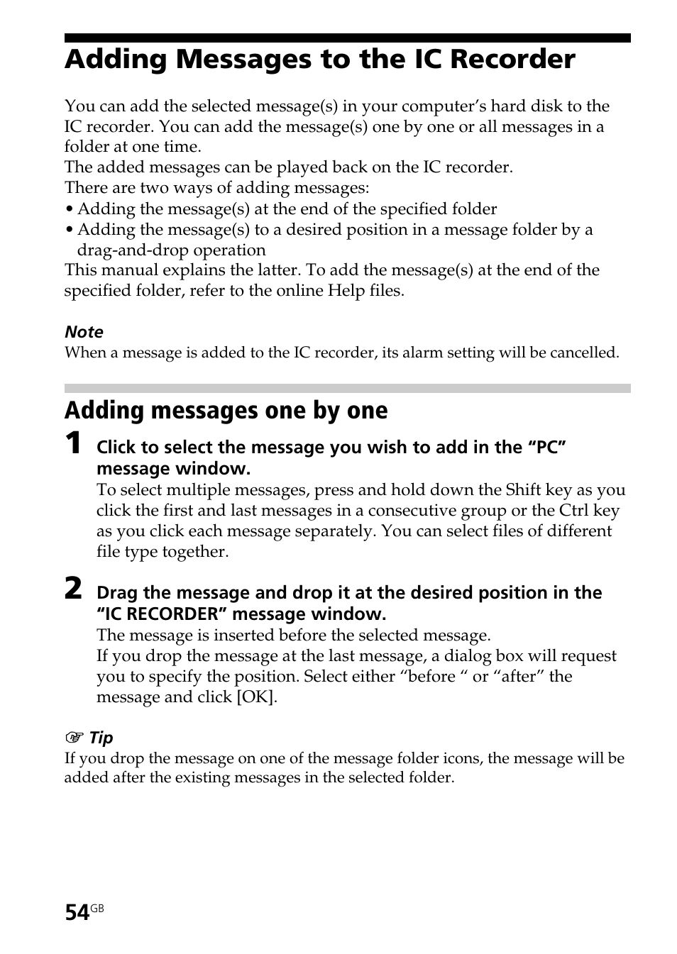 Adding messages to the ic recorder, Adding messages one by one | Sony ICD-BP150 User Manual | Page 54 / 68