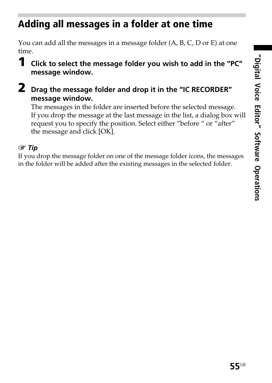 Adding all messages in a folder at one time | Sony ICD-BP150 User Manual | Page 55 / 68