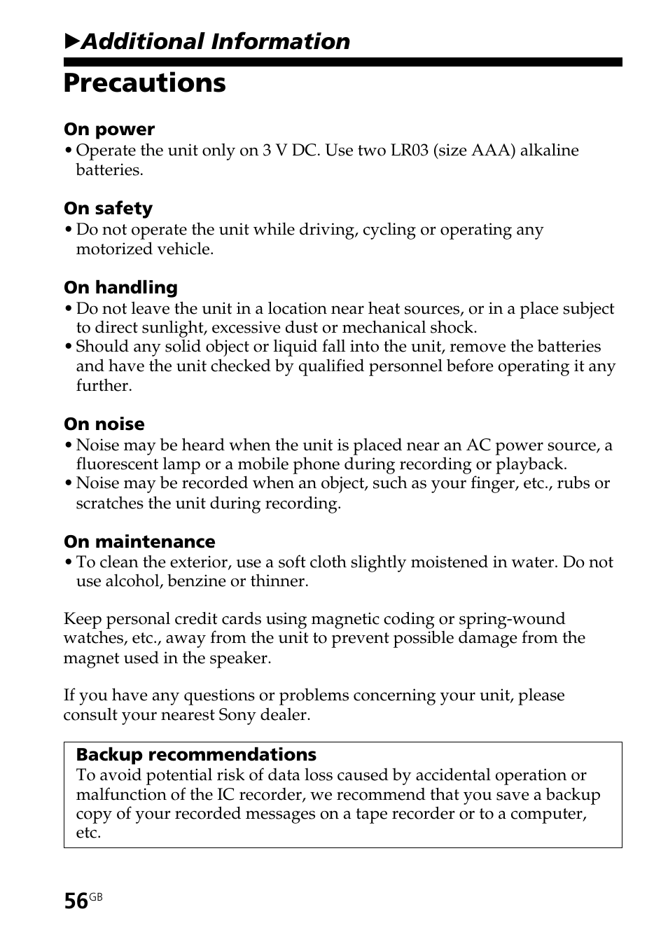 Precautions, Badditional information | Sony ICD-BP150 User Manual | Page 56 / 68