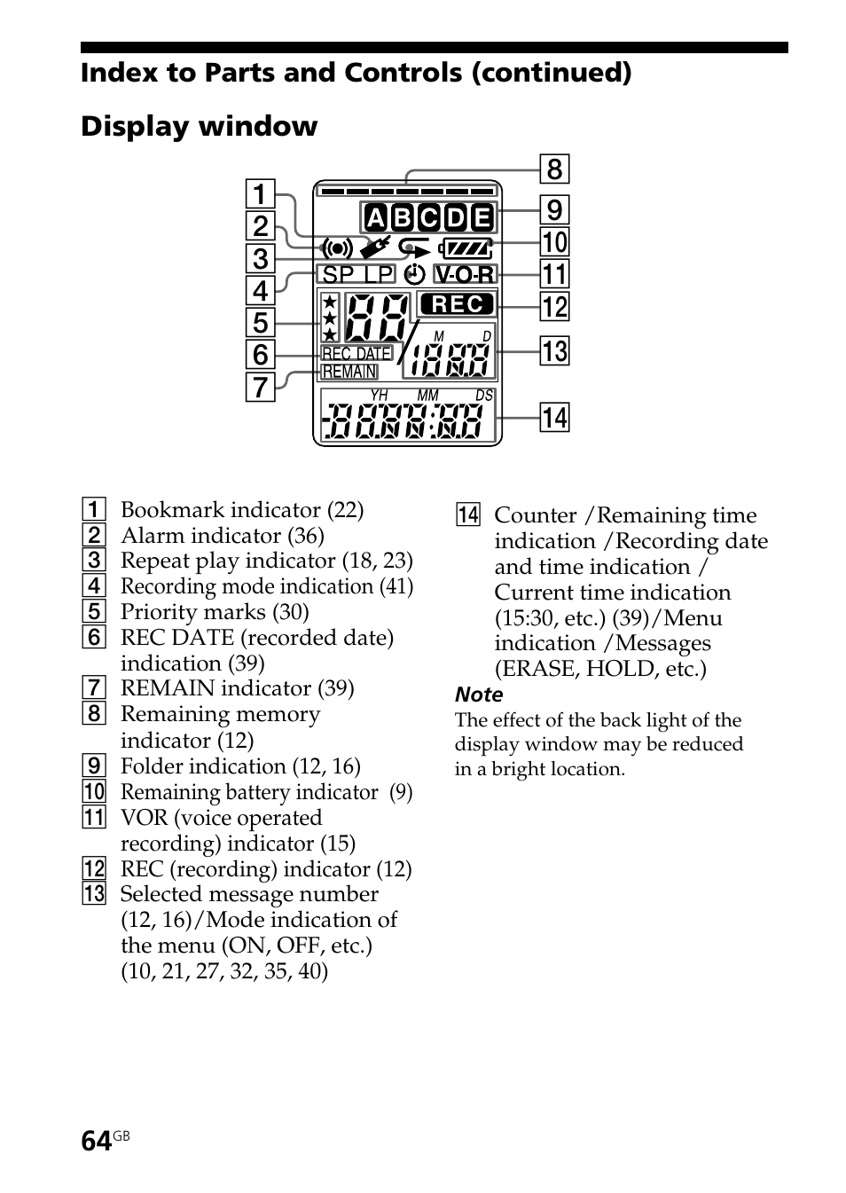 Display window | Sony ICD-BP150 User Manual | Page 64 / 68