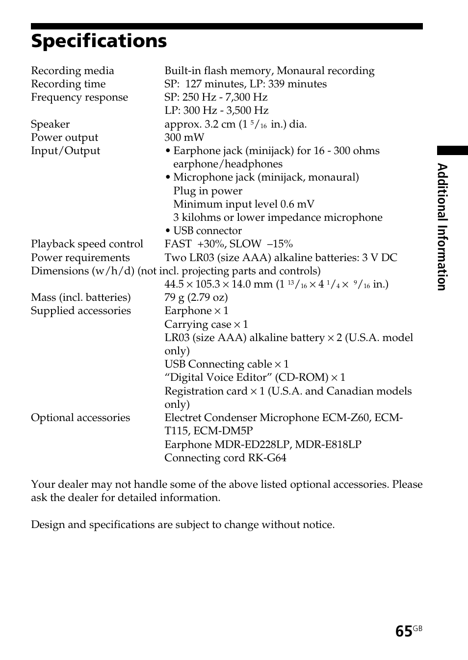 Specifications, Additional informatio n | Sony ICD-BP150 User Manual | Page 65 / 68