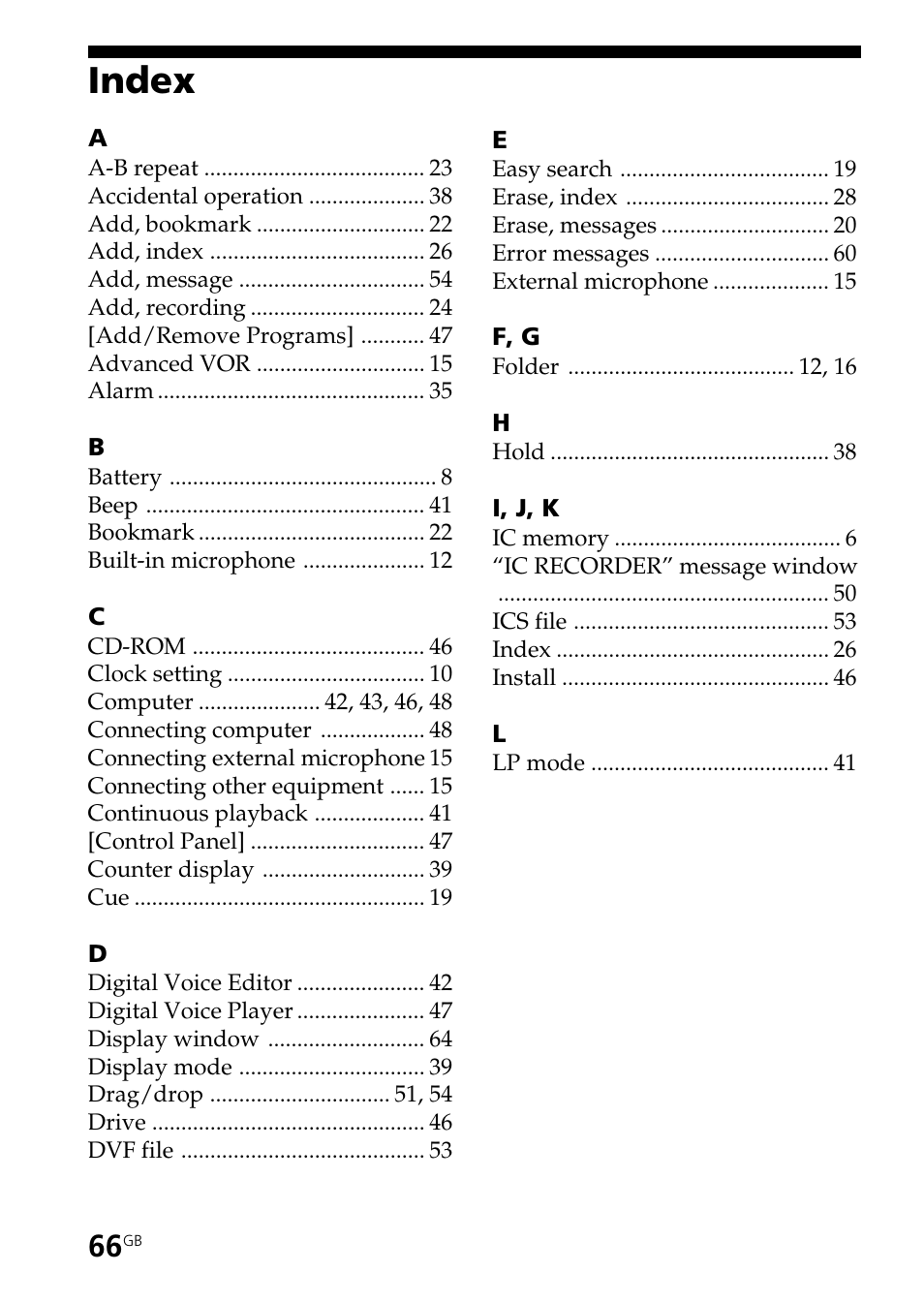 Index | Sony ICD-BP150 User Manual | Page 66 / 68