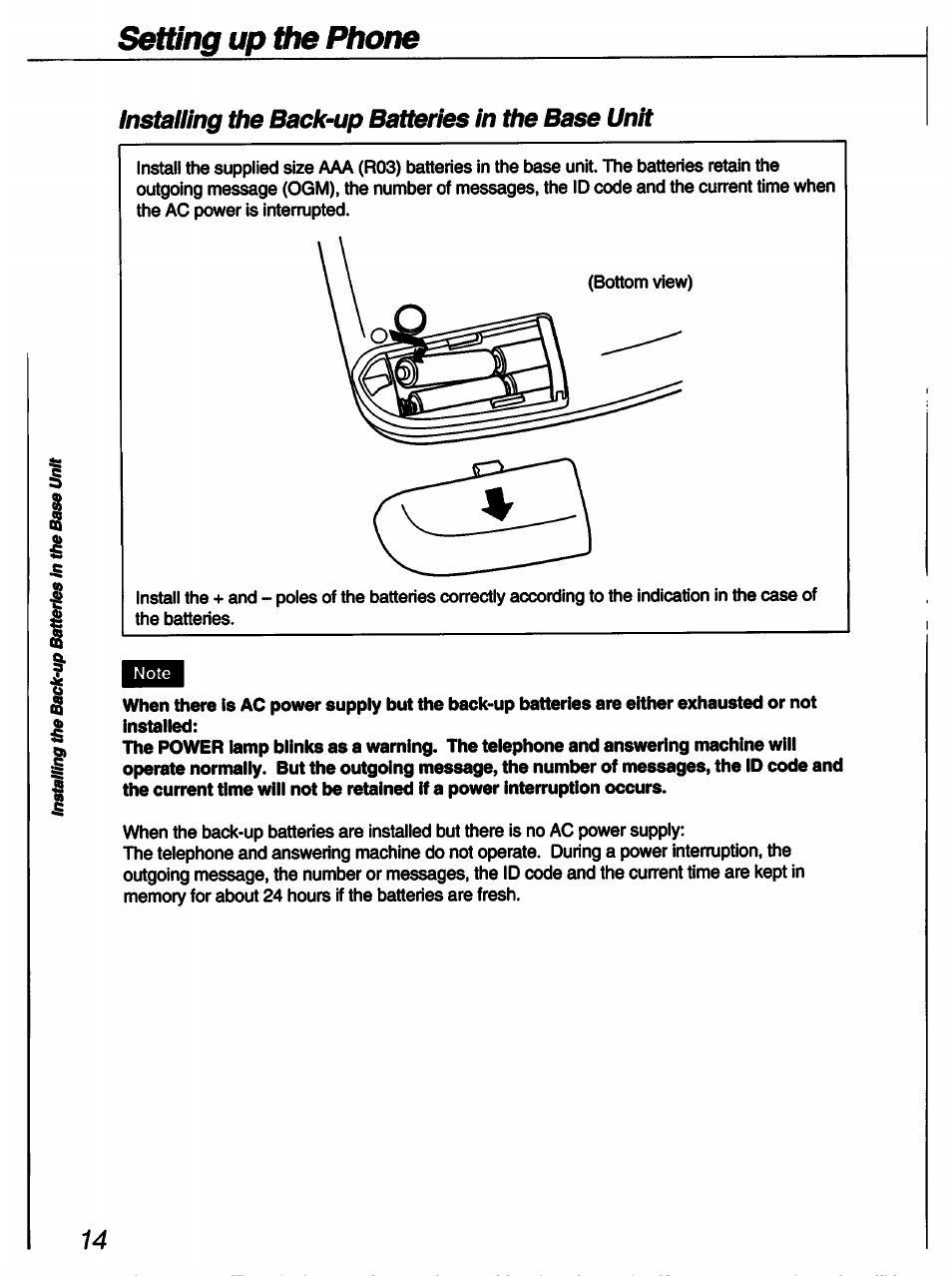 Installing the back-up batteries in the base unit, Setting up the phone | Sony SPP-A60 User Manual | Page 14 / 52