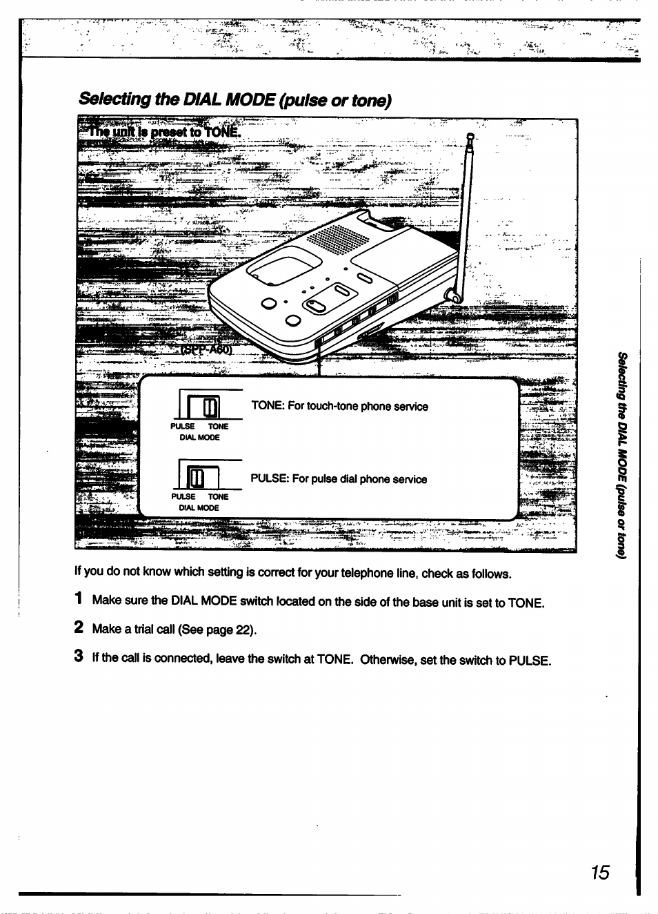 Selecting the dial mode (pulse or tone) | Sony SPP-A60 User Manual | Page 15 / 52