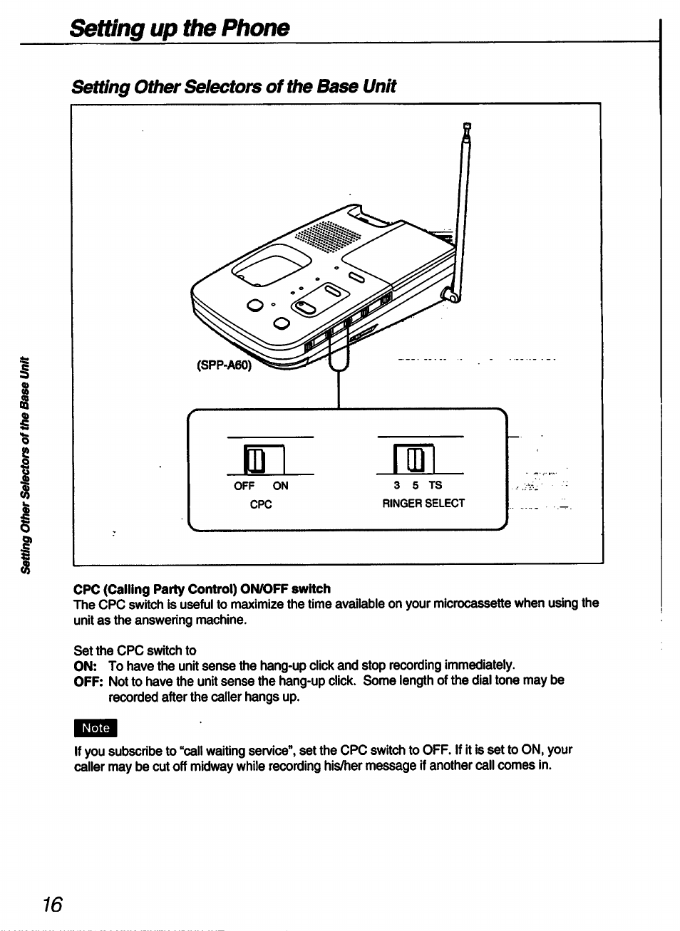 Setting other selectors of the base unit, Setting up the phone | Sony SPP-A60 User Manual | Page 16 / 52