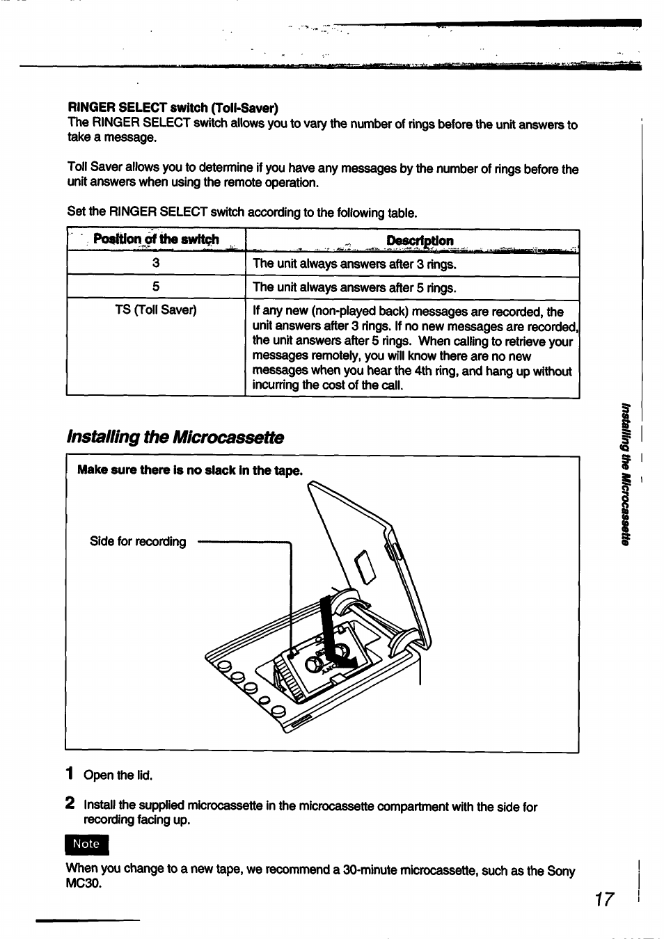 Ringer select switch (toll-saver), Instalung the microcassette, Make sure there is no slack in the tape | Installing the microcassette | Sony SPP-A60 User Manual | Page 17 / 52