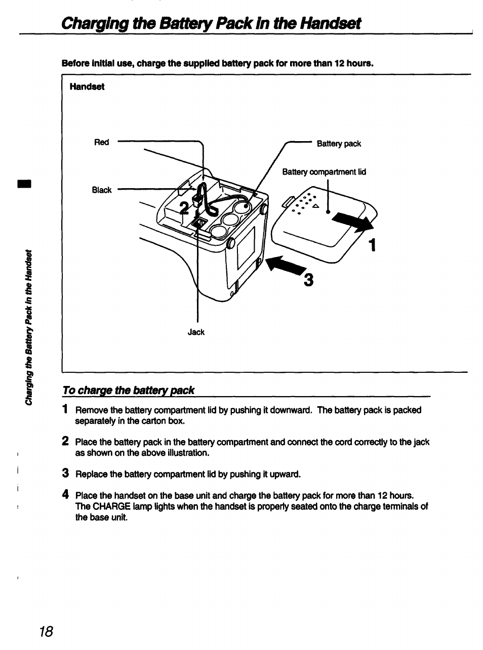 Charging the battery pack in the handset, Handset, To charge tfie battery pack | Tfie | Sony SPP-A60 User Manual | Page 18 / 52