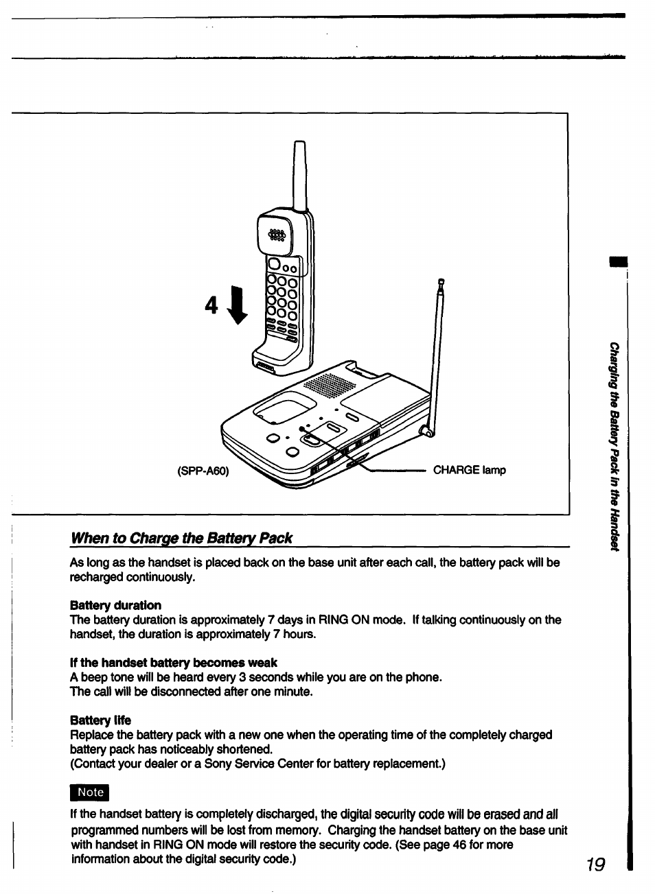 When to charge the battery pack, Battery duration, If the handset battery becomes weak | Battery life | Sony SPP-A60 User Manual | Page 19 / 52