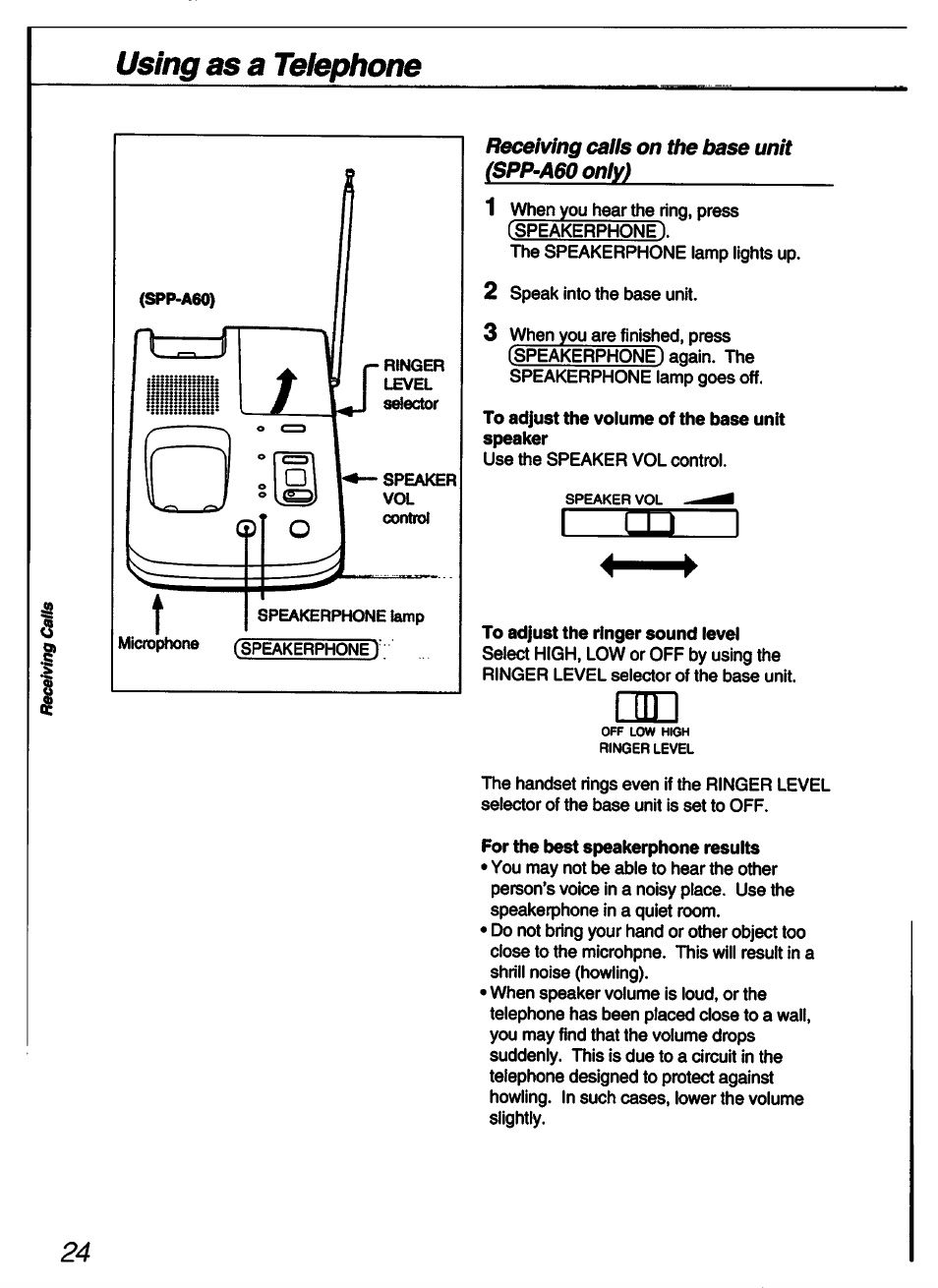 Receiving caiis on the base unit (spp-a60only), Using as a telephone | Sony SPP-A60 User Manual | Page 24 / 52