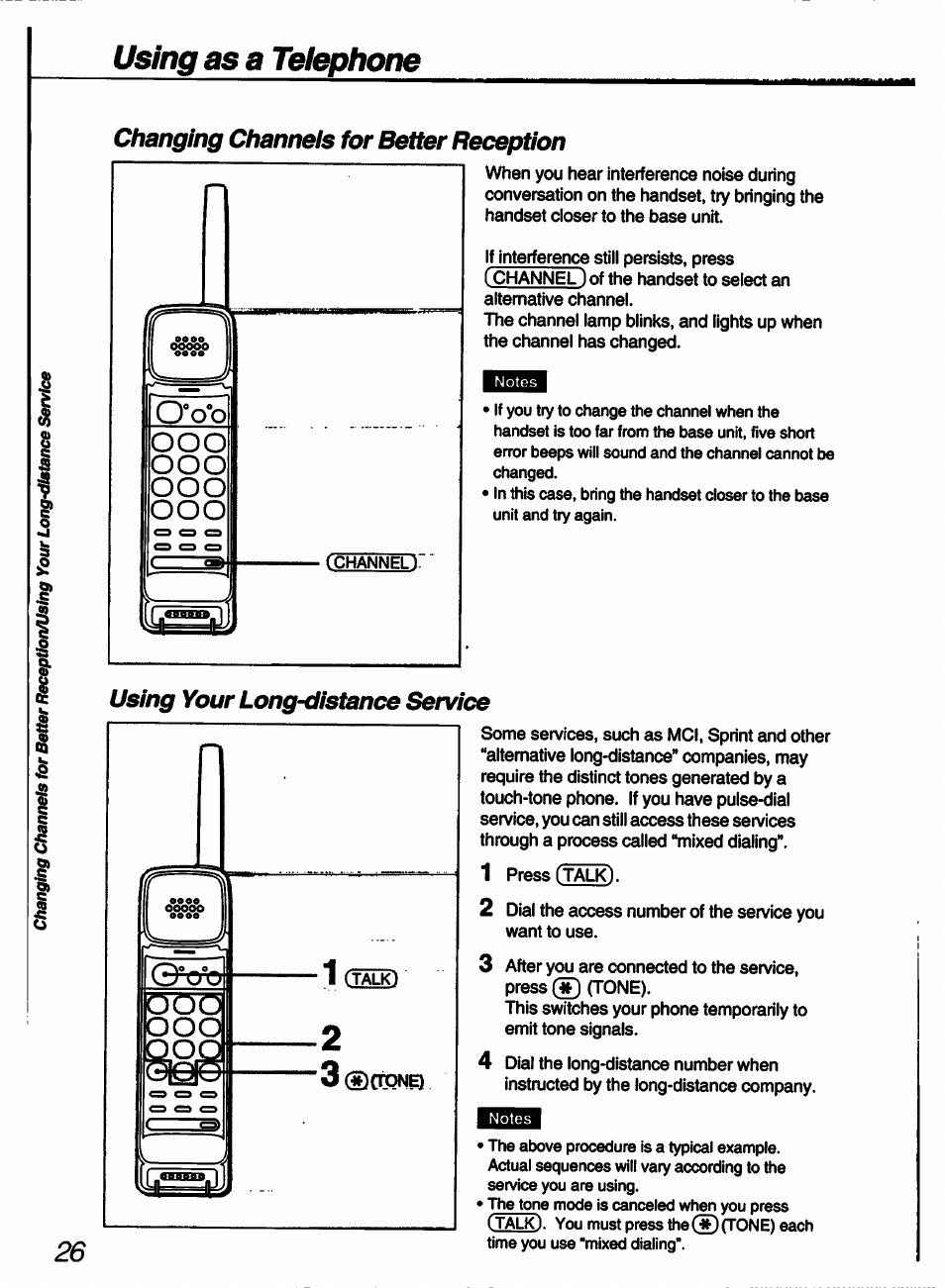 Changing channels for better reception, Using your long-distance service, Using as a telephone | O'o'o ooo ooo ooo ooo, T (see) | Sony SPP-A60 User Manual | Page 26 / 52