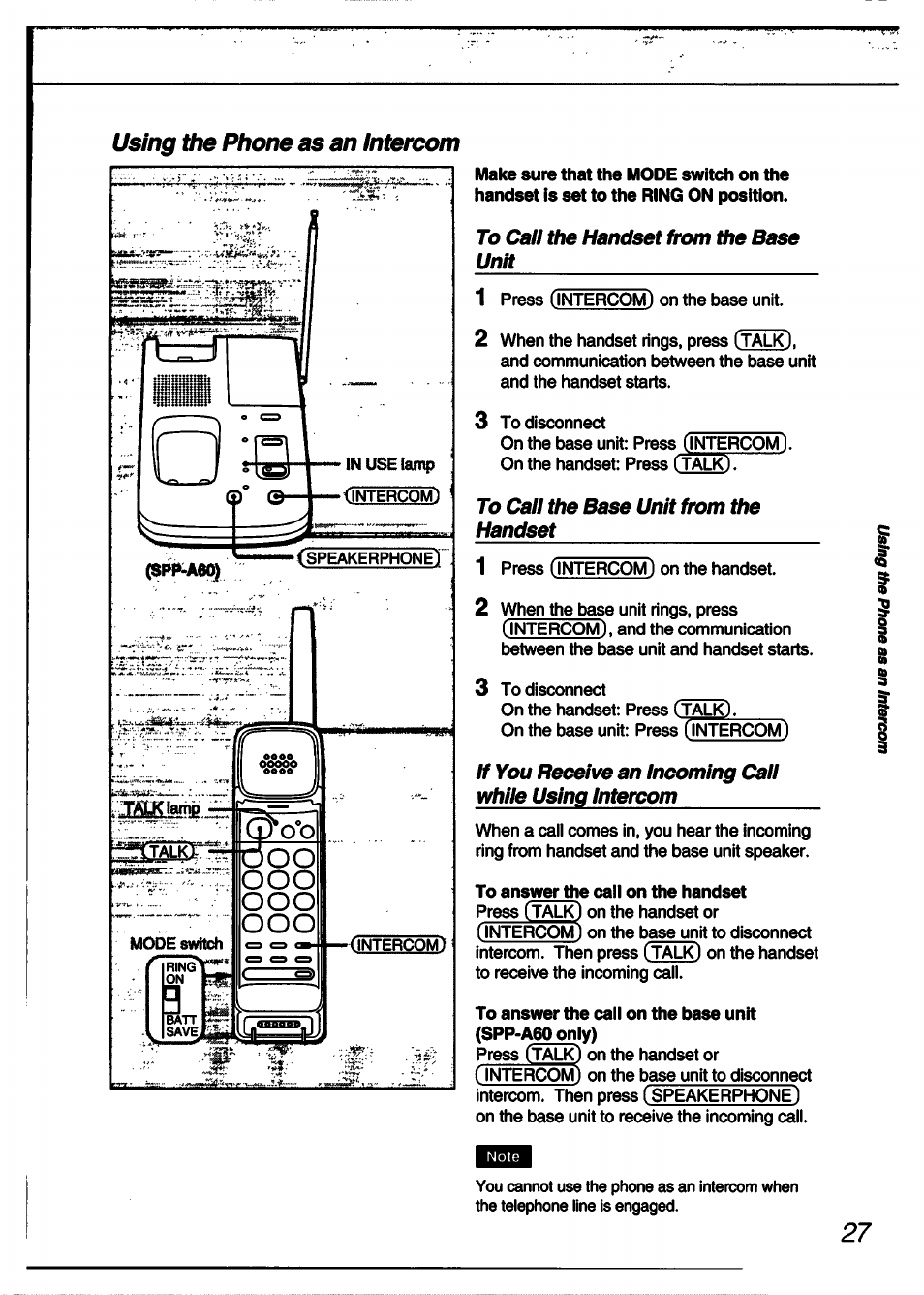 Using the phone as an intercom, To call the handset from tfie base unit, To call the base unit from the handset | Tfie | Sony SPP-A60 User Manual | Page 27 / 52