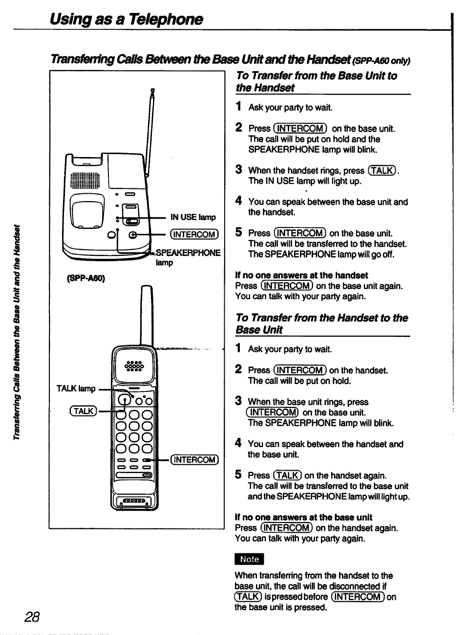 To transfer from the base unit to the handset, To transfer from the handset to the base unit, Transferring calls between the | Base unit and the handset, Using as a telephone | Sony SPP-A60 User Manual | Page 28 / 52