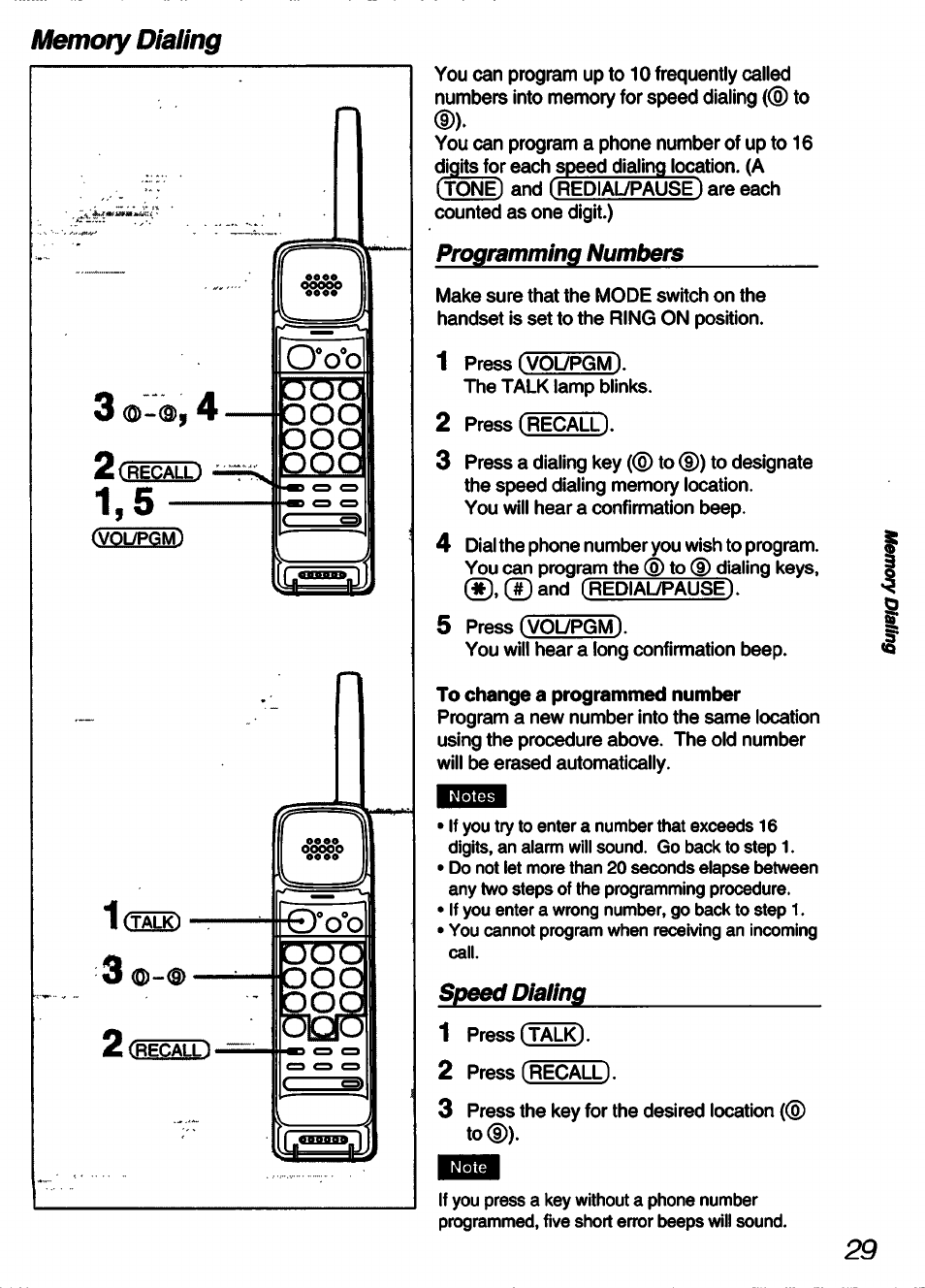 Memory dialing, Programming numbers, Speed dialing | Sony SPP-A60 User Manual | Page 29 / 52