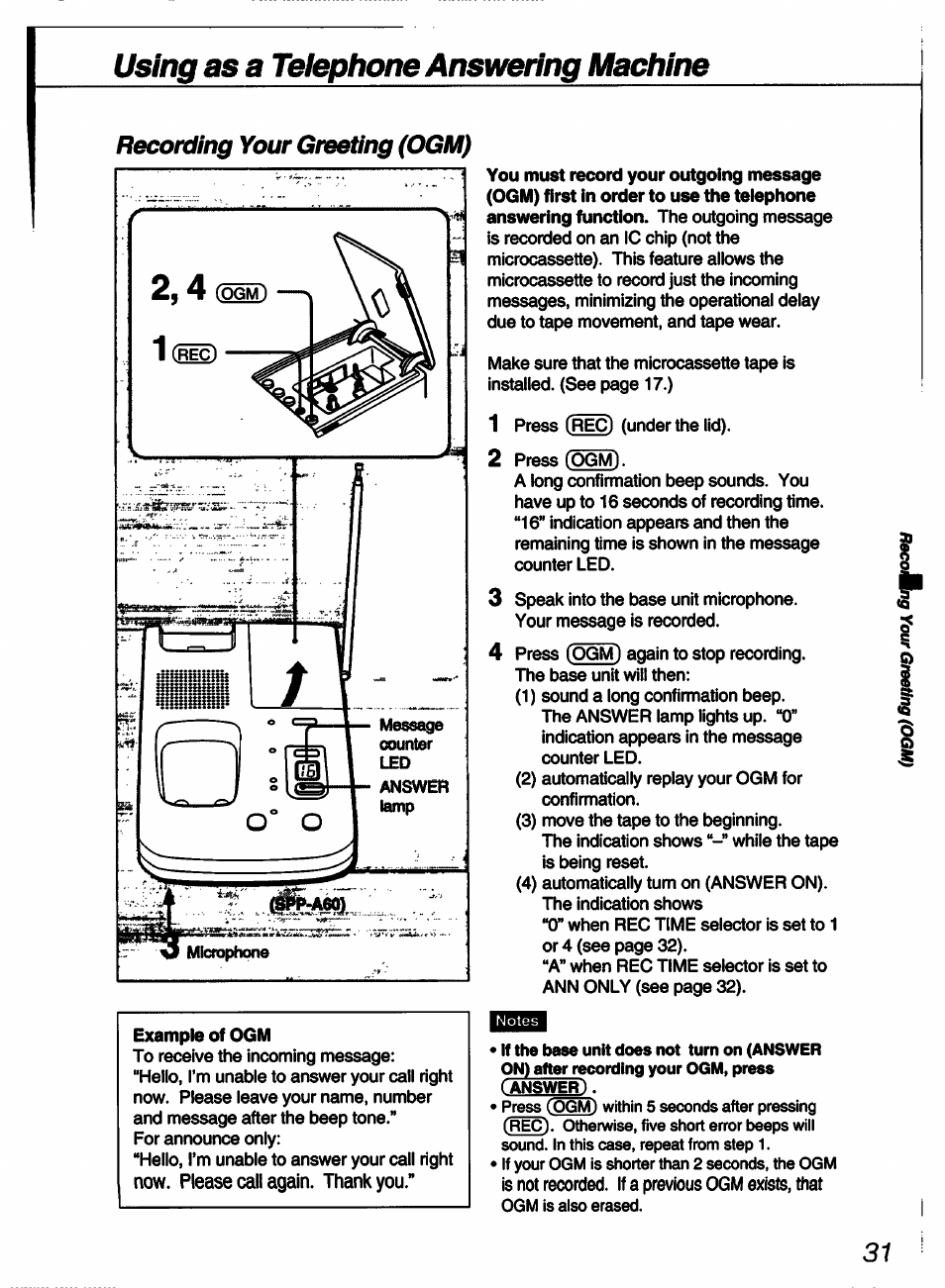 Recording your greeting (ogm), Using as a telephone answering machine | Sony SPP-A60 User Manual | Page 31 / 52