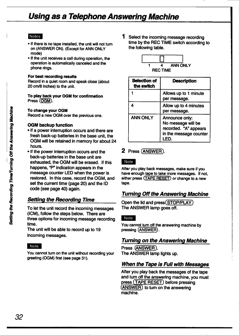 Ogm backup function, Turning off the answering machine, Turning on the answering machine | When the tape is fuii with messages, Using as a telephone answering machine | Sony SPP-A60 User Manual | Page 32 / 52