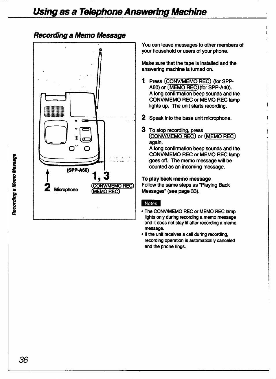 Recording a memo message, Using as a telephone answering machine | Sony SPP-A60 User Manual | Page 36 / 52