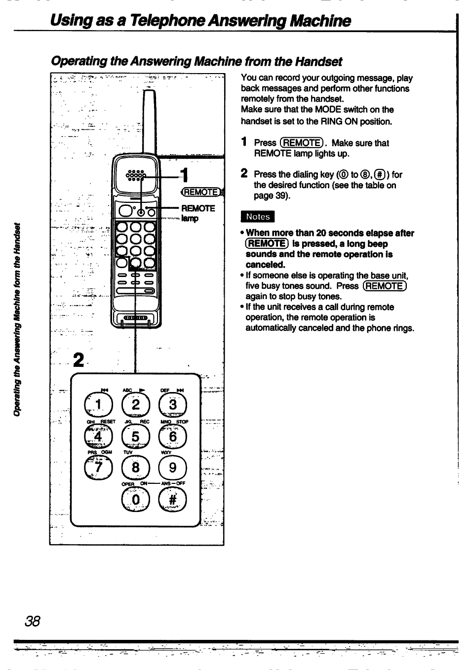 Operating the answering machine from the handset, Operating the answering machine from, The handset | Using as a telephone ansm&ing machine | Sony SPP-A60 User Manual | Page 38 / 52