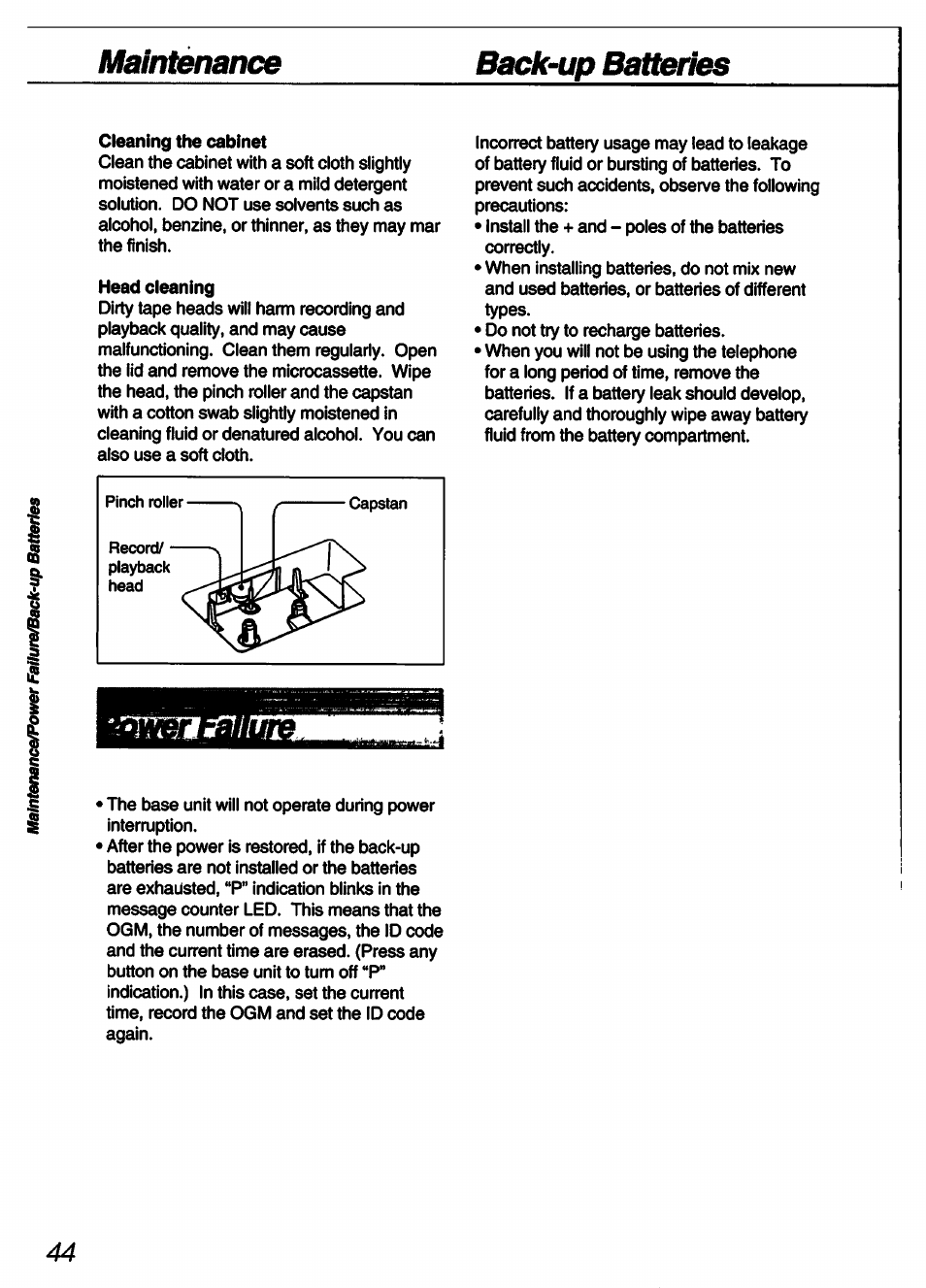 Cleaning the cabinet, Head cleaning, Maintenance back-up batterìa | Sony SPP-A60 User Manual | Page 44 / 52