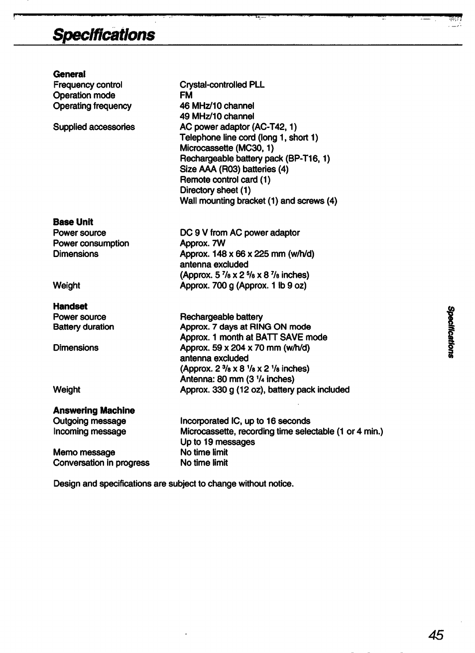 Specifications, Handset, Answering machine | Sony SPP-A60 User Manual | Page 45 / 52