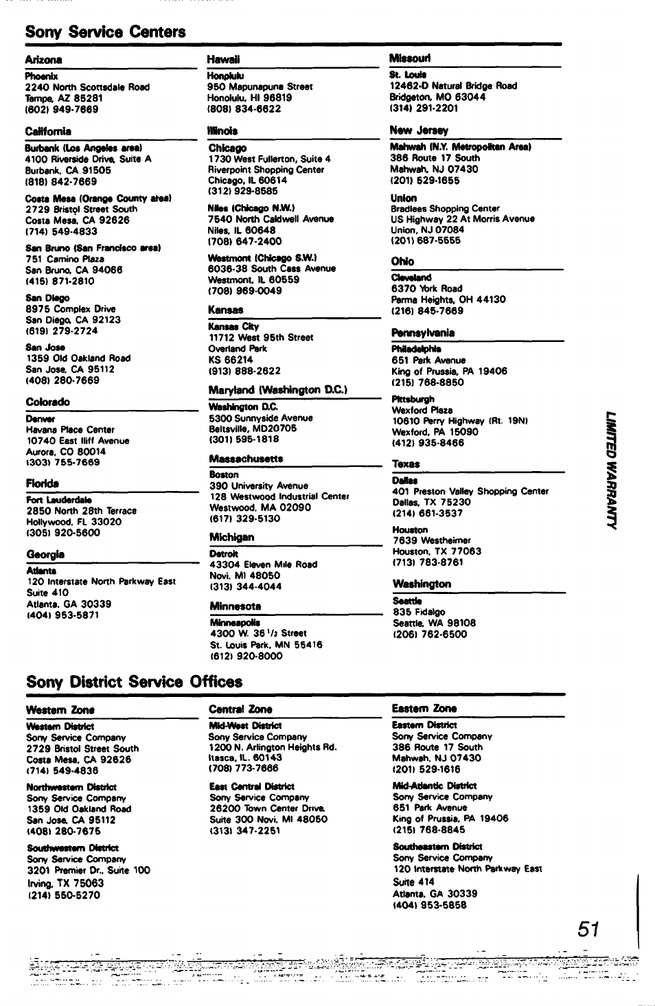 Sony service centers, Sony district ser>nce offices | Sony SPP-A60 User Manual | Page 51 / 52