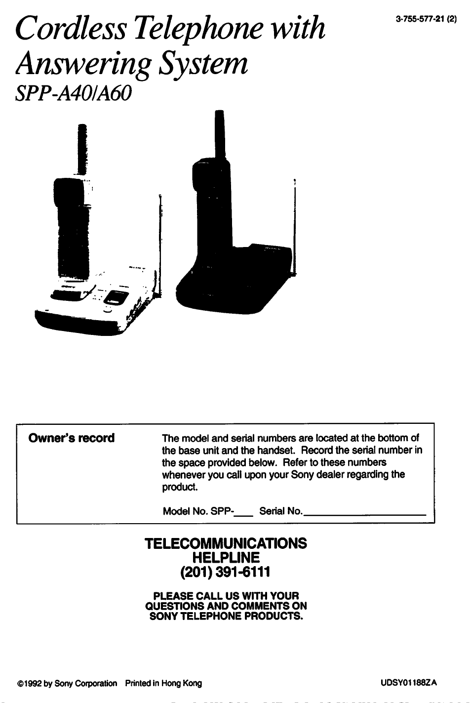 Cordless telephone with answering system, Spp-a40ia60, Owner’s record | Sony SPP-A60 User Manual | Page 52 / 52