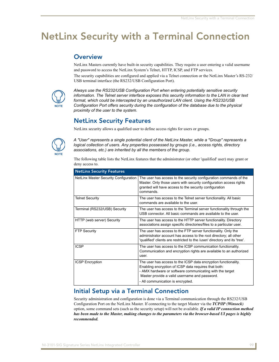Netlinx security with a terminal connection, Overview, Netlinx security features | Initial setup via a terminal connection | AMX Signature Series NetLinx Integrated Controller NI-3101-SIG User Manual | Page 109 / 156