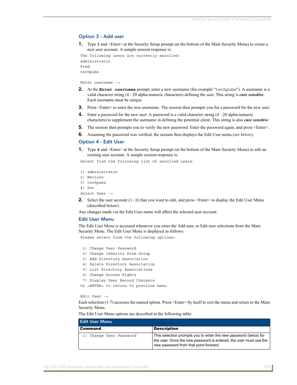 Option 3 - add user, Option 4 - edit user, Edit user menu | AMX Signature Series NetLinx Integrated Controller NI-3101-SIG User Manual | Page 113 / 156