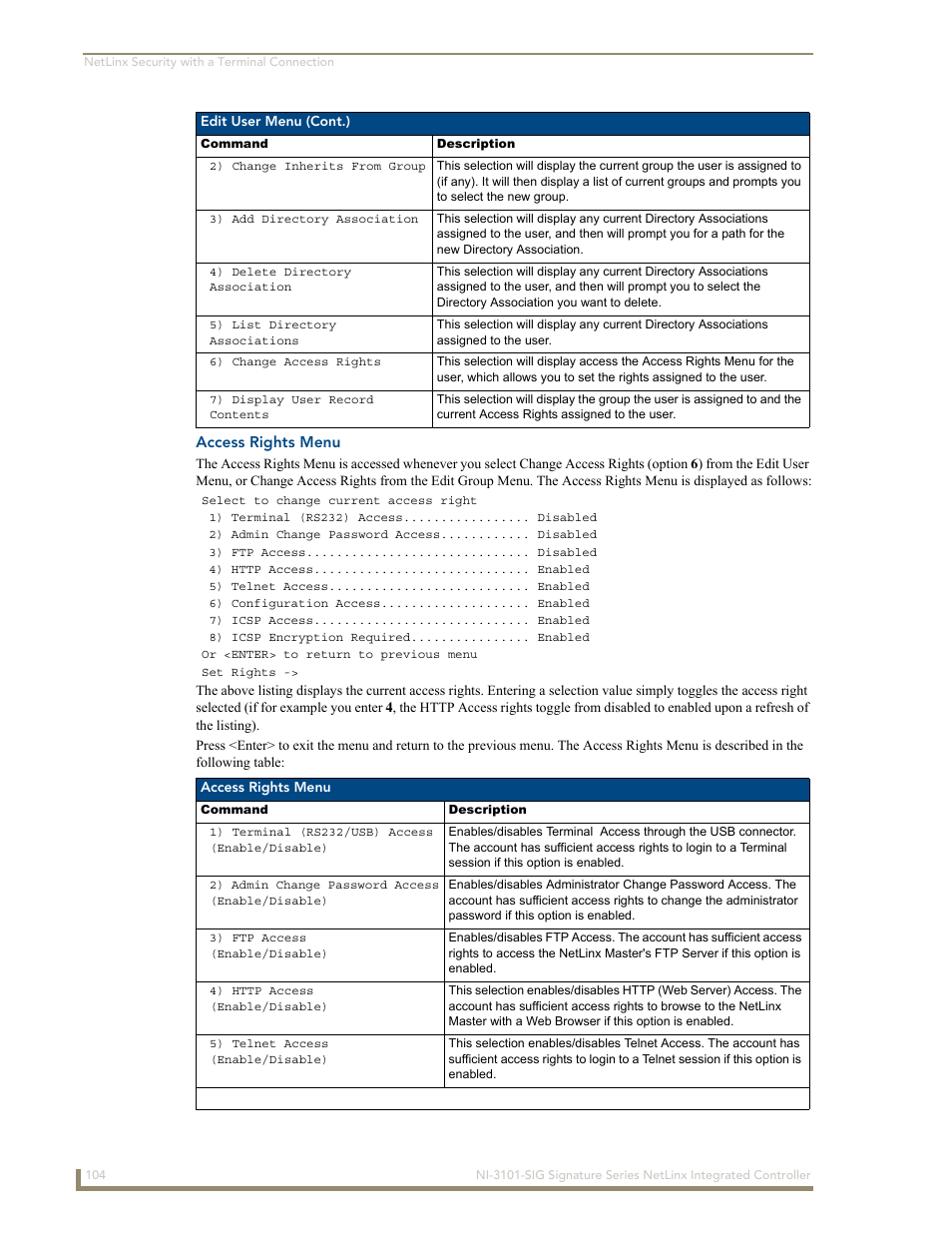 Access rights menu | AMX Signature Series NetLinx Integrated Controller NI-3101-SIG User Manual | Page 114 / 156