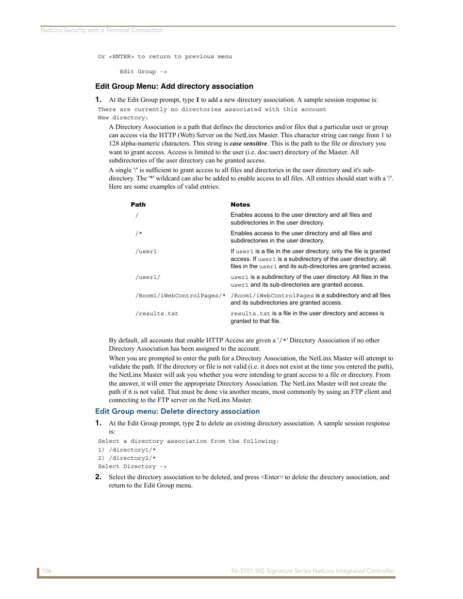 Edit group menu: delete directory association | AMX Signature Series NetLinx Integrated Controller NI-3101-SIG User Manual | Page 116 / 156