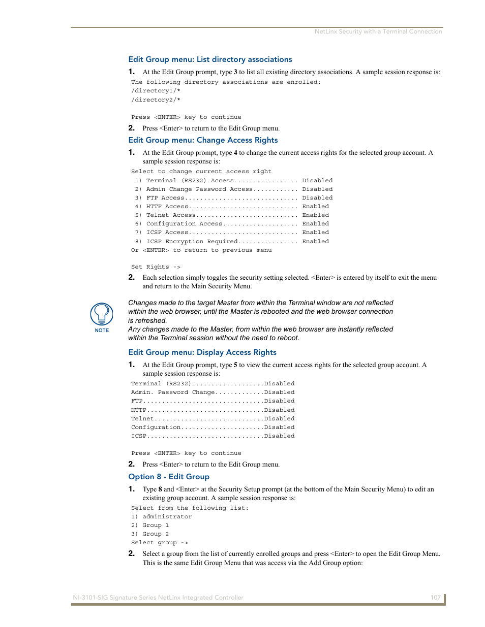 Edit group menu: list directory associations, Edit group menu: change access rights, Edit group menu: display access rights | Option 8 - edit group | AMX Signature Series NetLinx Integrated Controller NI-3101-SIG User Manual | Page 117 / 156