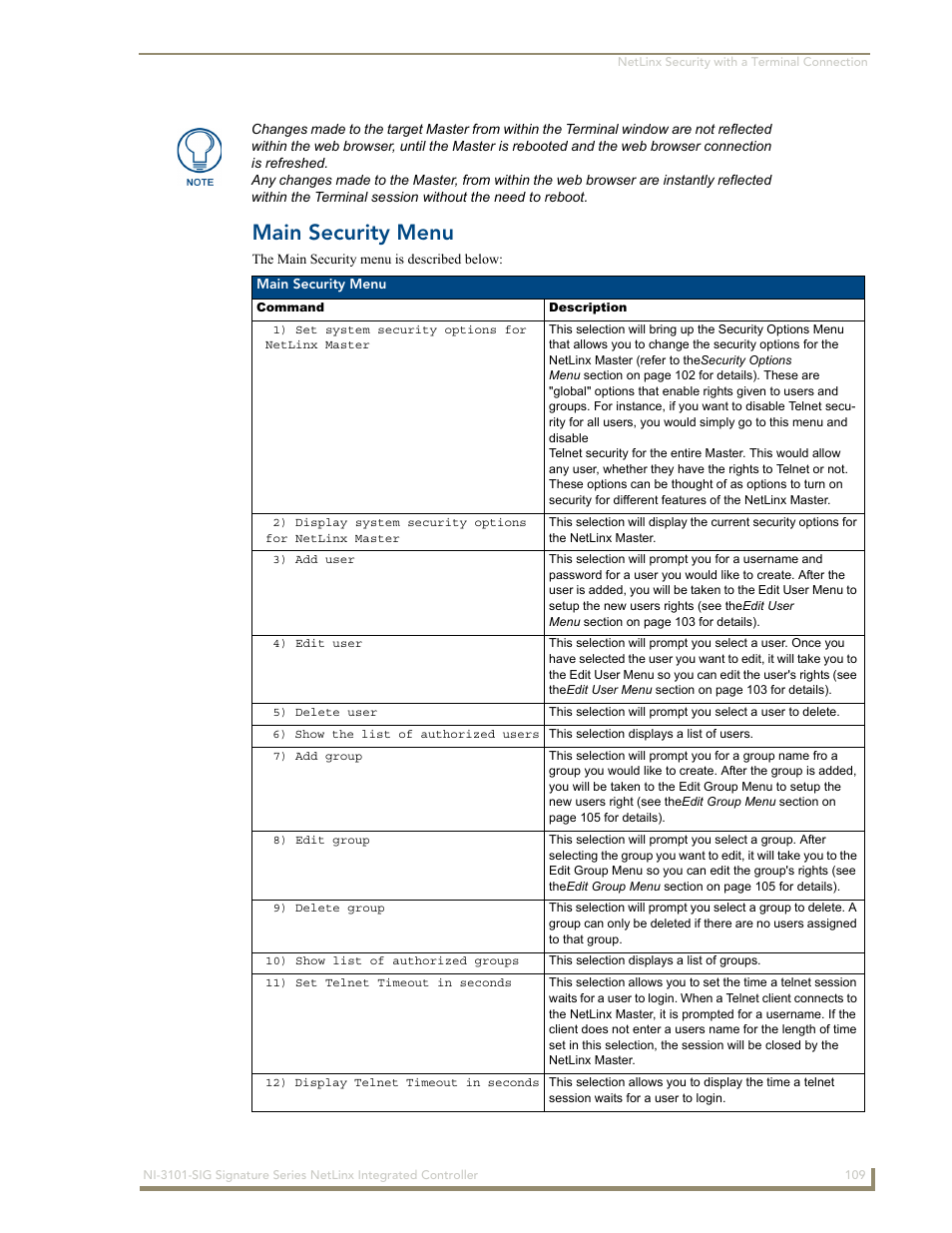 Main security menu | AMX Signature Series NetLinx Integrated Controller NI-3101-SIG User Manual | Page 119 / 156