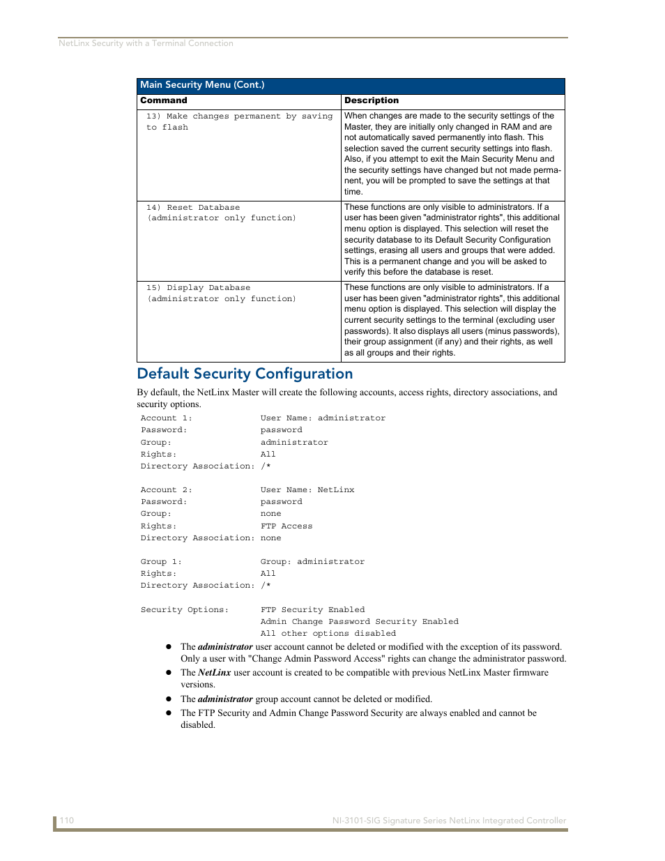 Default security configuration | AMX Signature Series NetLinx Integrated Controller NI-3101-SIG User Manual | Page 120 / 156