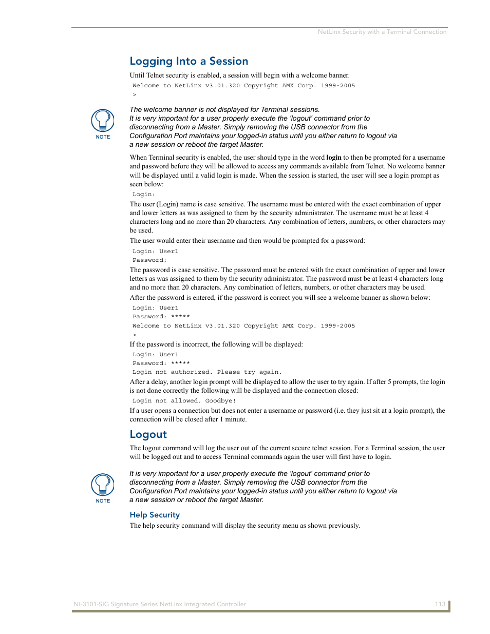 Logging into a session, Logout, Help security | AMX Signature Series NetLinx Integrated Controller NI-3101-SIG User Manual | Page 123 / 156