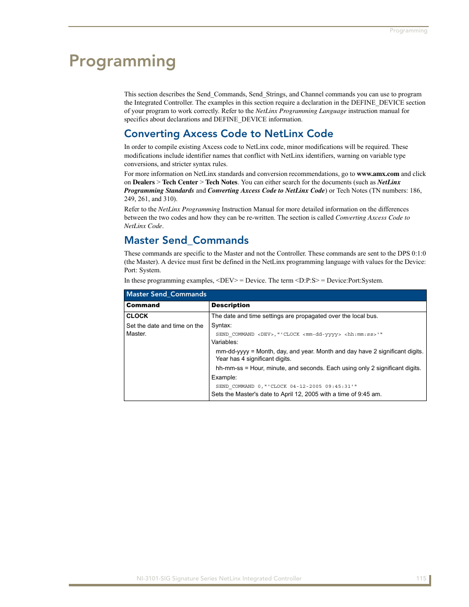 Programming, Converting axcess code to netlinx code, Master send_commands | AMX Signature Series NetLinx Integrated Controller NI-3101-SIG User Manual | Page 125 / 156