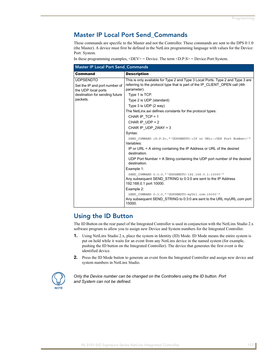 Master ip local port send_commands, Using the id button | AMX Signature Series NetLinx Integrated Controller NI-3101-SIG User Manual | Page 127 / 156