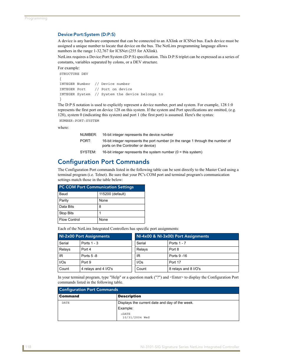 Device:port:system (d:p:s), Configuration port commands | AMX Signature Series NetLinx Integrated Controller NI-3101-SIG User Manual | Page 128 / 156