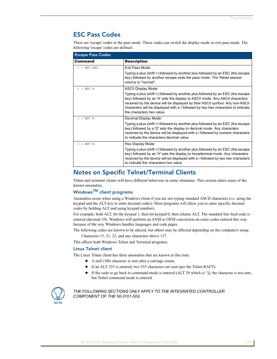 Esc pass codes, Notes on specific telnet/terminal clients, Windowstm client programs | Linux telnet client | AMX Signature Series NetLinx Integrated Controller NI-3101-SIG User Manual | Page 141 / 156