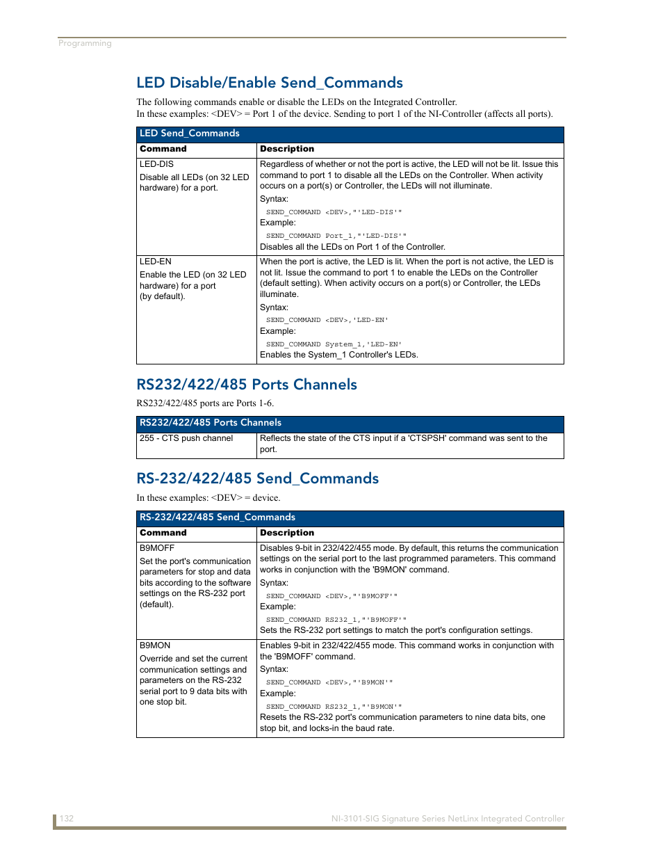 Led disable/enable send_commands, Rs232/422/485 ports channels, Rs-232/422/485 send_commands | AMX Signature Series NetLinx Integrated Controller NI-3101-SIG User Manual | Page 142 / 156