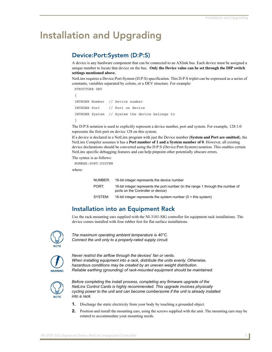 Installation and upgrading, Device:port:system (d:p:s), Installation into an equipment rack | AMX Signature Series NetLinx Integrated Controller NI-3101-SIG User Manual | Page 15 / 156